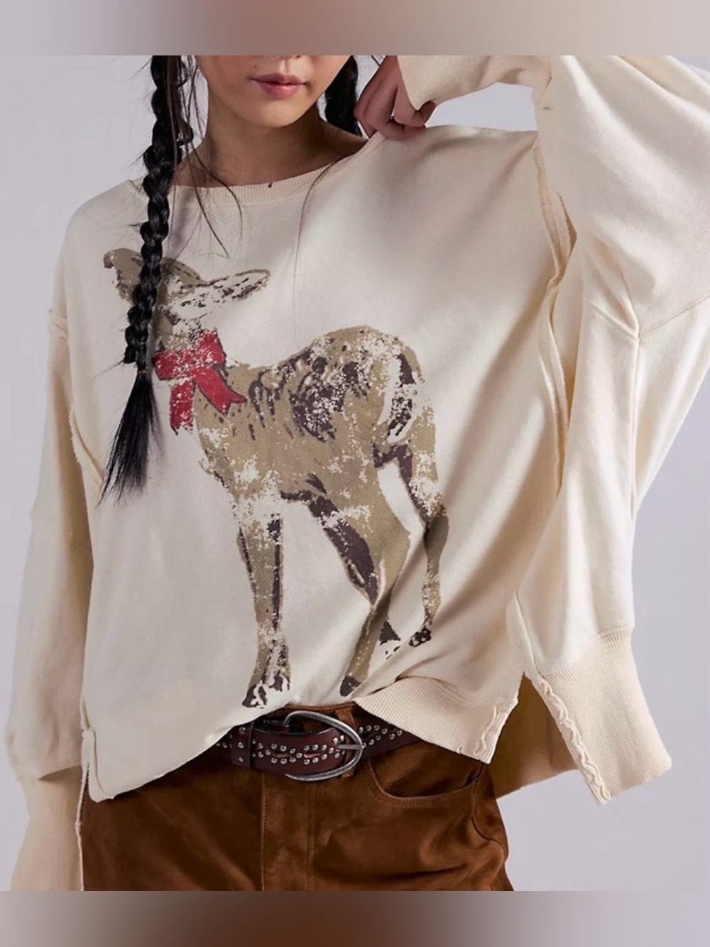 NWT Free People M We the Free Graphic Pullover Camden in Deer 🦌 Combo Sweatshirt